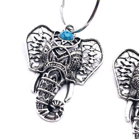 Silver with Turquoise Boho Elephants Hinged Post Hoop Earrings - Picture 4 of 7